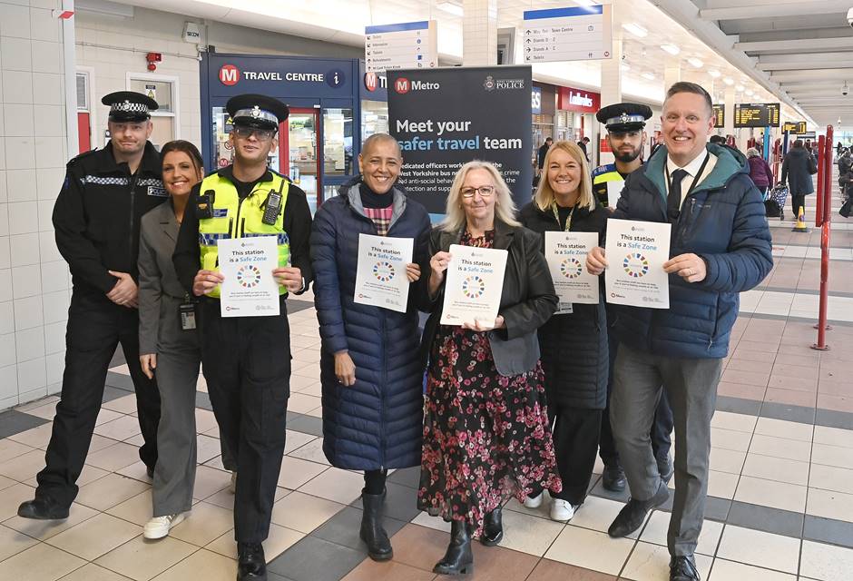 From left to right, Sergeant Richard Cotton, Lucy Wild - Security & Safer Travel Manager, PCSO Omar, Alison Lowe – Deputy Mayor for Policing and Crime, Councillor Cathy Scott – Leader of Kirklees Council, Sharon Charlesworth - Crime Prevention Officer, PCSO Mobeen, Stephen Forrest - Crime Prevention Officer.
