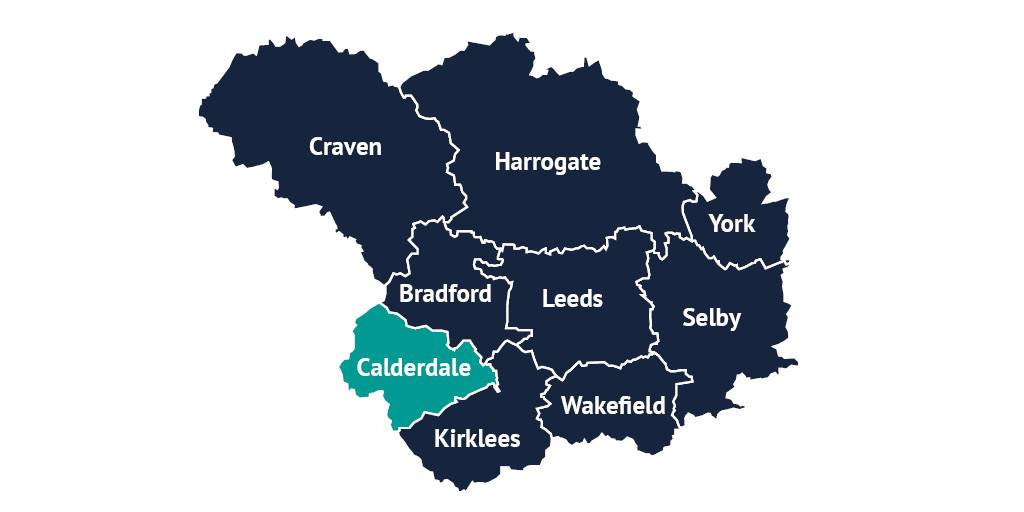 A map of Leeds City Region with the districts of Craven, Harrogate, York, Bradford, Leeds, Selby, Calderdale, Wakefield and Kirklees outlined, and the district of Calderdale highlighted.